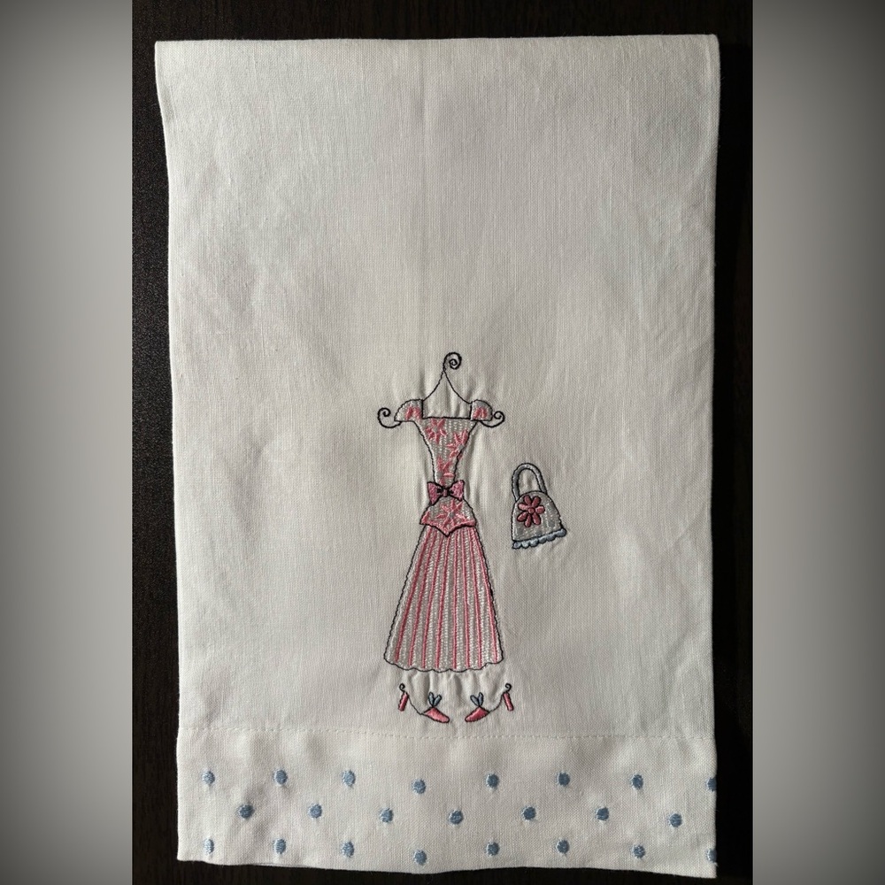 Vintage Embroidered White Tea Towels with Dress Designs - Picture 2 of 7